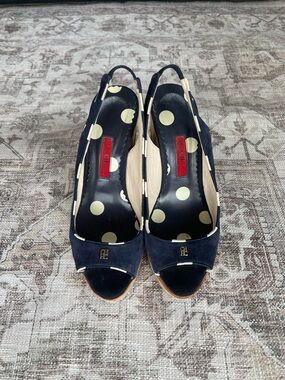Carolina Herrera Navy Open Peep-Toe Slingback Wedge Sandals